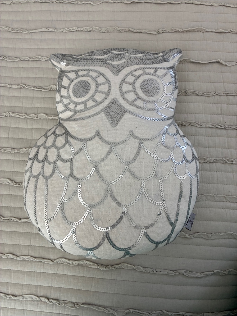 Marvin The Owl Pillow. White with silver sequins outline by Thro